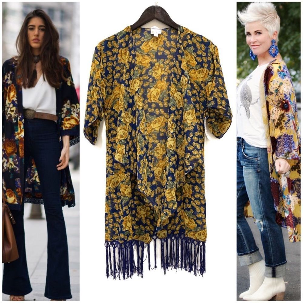 Belle Boho Fairycore Cottagecore Yellow & Navy Rose Fringe Coverup Kimono